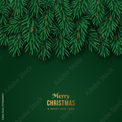 Merry Christmas fir tree branches background. Vector illustration. Place for text. Xmas and New Year green pine spruce frame, conifer plant border. Noel festive poster design, evergreen decoration