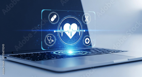 Photo of a futuristic laptop displays a glowing holographic interface with medical icons, symbolizing digital health and innovation