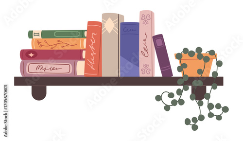 Books on the shelf. Flat vector illustration. Home library. Kids books, fantasy, novel, romance, detective, folk, fairy tales.