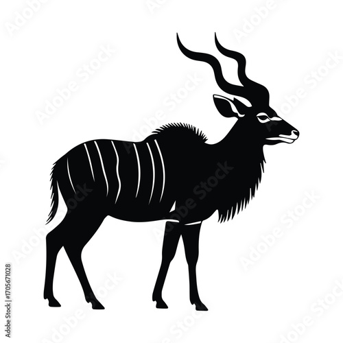 Majestic Kudu Antelope Silhouette Gracefully Posed Against a Clean White Backdrop Ready For Design