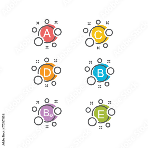 Vitamin B12, B, C, A, D, E, K,  vector. Set of Multi Vitamin, complex icons.