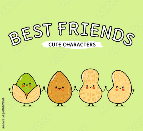 Cute cartoon nuts holding hands, representing friendship and best friends.