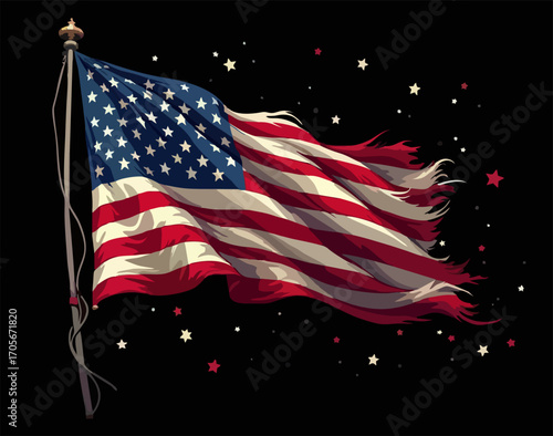 Vector design with decorative drawing of 
torn national flag of usa is fluttering in wind. 
Fashion t-shirt print. American pattern of stars 
and wavy stripes for textiles, fabric, clothing.