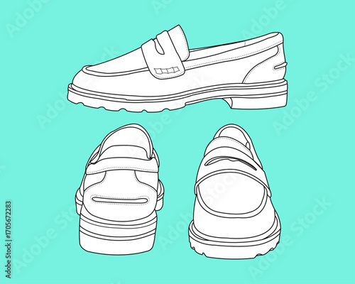 Footwear Casual Loafers Slip On Flat Shoes Flat Sketch Technical Drawing Outline.