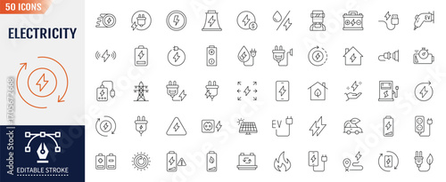 Electricity and Energy Line Editable Icons set. Containing electric transport, electrical equipment, energy sources and more. Vector illustration 