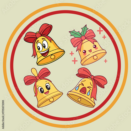 Four adorable cartoon bells adorned with bows display different joyful and melancholic emotions