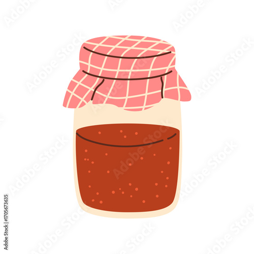 Isolated flat red jam jar. Strawberry, cherry sweet jam.