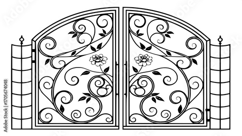 Rococo-style arched doors with intricate scrolls and floral motifs, pure black outlines.