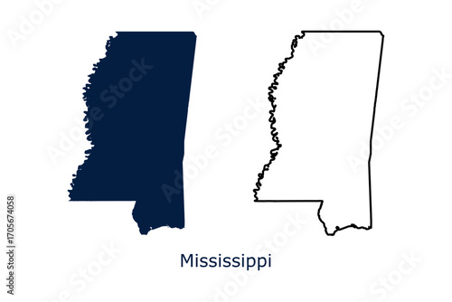 Mississippi map set. Mississippi USA map vector. Mississippi navy and outline map on white background
