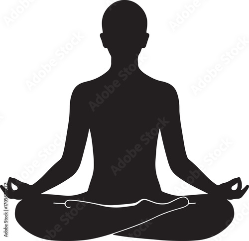 Black silhouette vector icon of a person meditating in the lotus yoga pose a symbol for mindfulness, wellness, spiritual peace, and relaxation isolated on a white background.