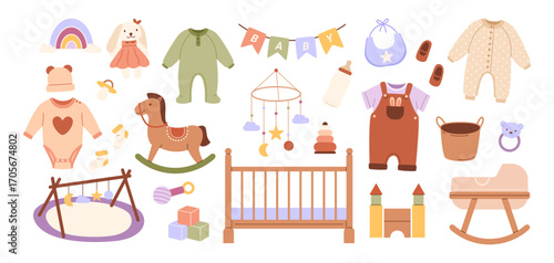 Set of baby stuff. Cute baby girl and boy clothes.Products, furniture for newborn baby. Crib, bottle, toys, clothing.
