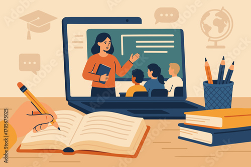 Online Education Illustration – Teacher Teaching Students via Laptop, E-Learning and Remote Study Concept