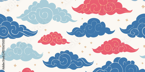 Elegant oriental seamless batik pattern of decorative blue and red clouds with gold accents, a traditional Asian style celestial background