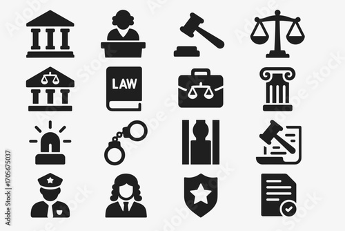 Law and Justice Icons Set – Court, Judge, Police, Legal Documents, and Crime Symbols