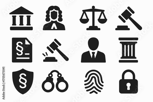 Law and Justice Icons – Court, Judge, Gavel, Scales, Police, and Legal Symbols Set