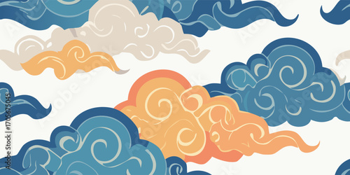 Decorative seamless Batik pattern featuring stylized blue and orange clouds in a traditional oriental art style, creating a calm and serene sky background