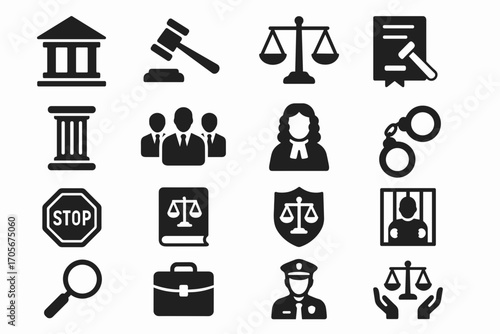 Law and Justice Icons Set – Court, Police, Legal System, and Crime Symbols