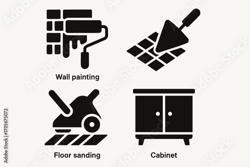 Home Renovation Icons Set – Wall Painting, Floor Sanding, Tiling, and Cabinet Silhouettes