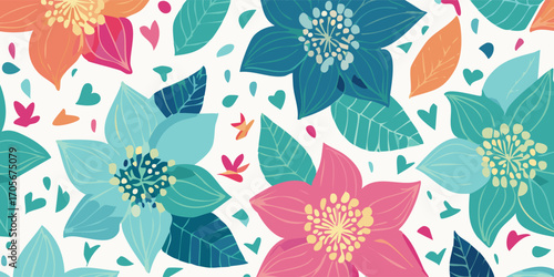 Colorful seamless batik floral pattern with abstract flowers, leaves, and hearts. A joyful spring garden design in a flat vector style for textiles and wrapping paper