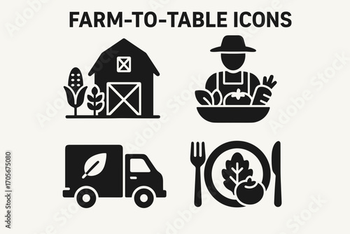 Farm-to-Table Icons Set – Organic Farming, Fresh Vegetables, Delivery Truck, and Healthy Food Symbols