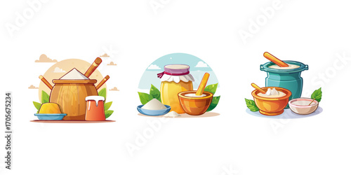 Set of isolated vector illustrations featuring kitchen staples and natural cooking ingredients like flour, sugar, and honey in rustic containers