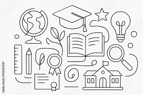 Education and Learning Icons Set – School, Books, Knowledge, and Academic Symbols Line Illustration
