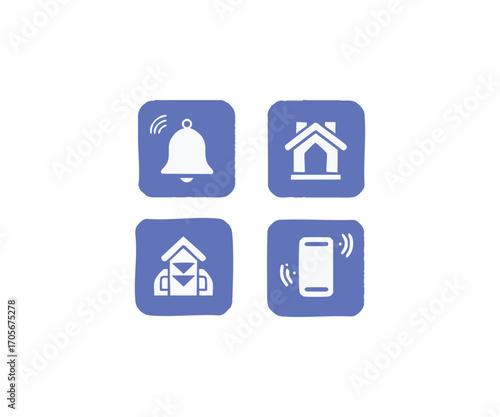 Creative icon collection representing home automation concepts like remote access, security alerts, and smart device integration on a white background