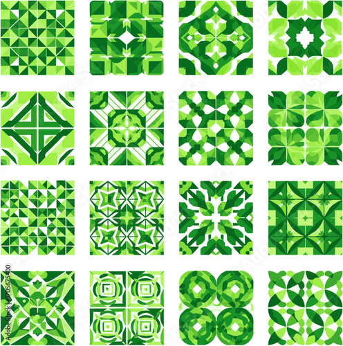 Create a kinds of deferent Green geometric pattern set vector art with white background.