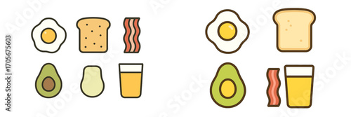Variety of popular breakfast foods featuring fried eggs, crispy bacon, avocado, toast, and fresh orange juice
