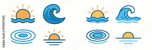 Minimalist symbols representing sun, ocean waves, and water ripples for weather and nature concepts