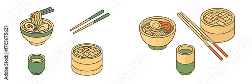 Collection of traditional Asian cuisine elements including ramen bowls, bamboo steamers, tea cups, and chopsticks