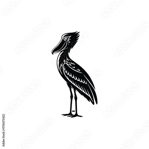 Monochrome illustration of a shoebill stork standing proudly spotlighted against a dark background