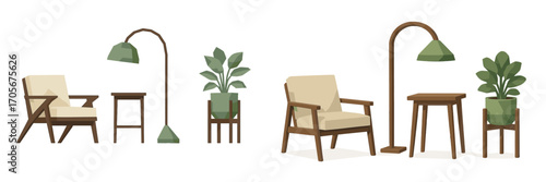 Modern living room furniture set with comfortable chairs, side tables, floor lamps, and potted plants