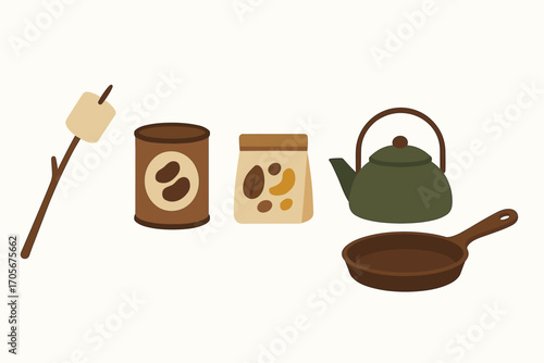 Outdoor cooking and camping essentials with marshmallow, canned beans, trail mix, kettle, and frying pan