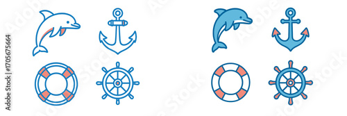 Nautical marine icons set with dolphin, anchor, lifebuoy, and ship wheel for ocean themed designs and summer vacation concepts