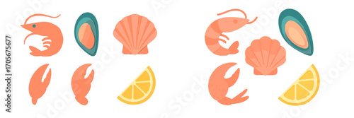 Collection of fresh marine delicacies including shrimp, mussels, scallops, crab claws, and lemon wedges in a vibrant paper cut style