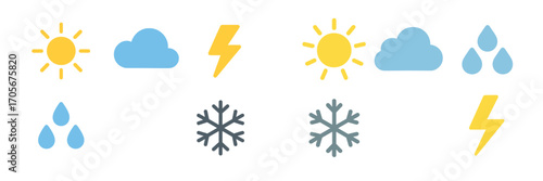 Diverse weather forecast icons with sun, cloud, rain, lightning, and snowflake symbols for climate conditions