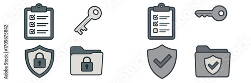 Digital security and access control icons for data protection, featuring checklist, key, shield, and locked folder