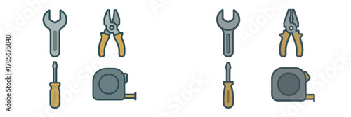 Collection of essential hand tools for repair and construction including wrench, pliers, screwdriver, and tape measure