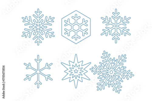 Diverse snowflake outlines for winter and holiday designs, cold weather symbols, frosty season decoration