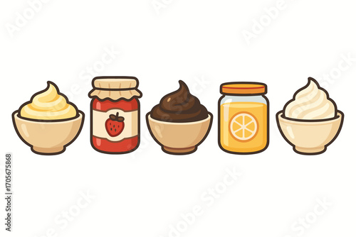Assortment of sweet spreads, fruit jams, and creamy desserts in bowls and jars for breakfast or snack time
