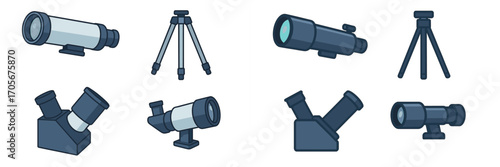 Various types of astronomical telescopes and tripods for stargazing, celestial observation, and space exploration