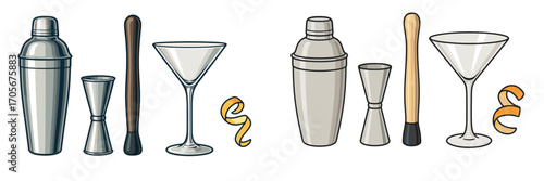 Cocktail bar tools and drink accessories including shakers, jiggers, muddlers, martini glasses, and citrus peels
