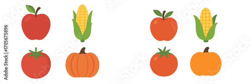 Vibrant collection of fresh autumn harvest fruits and vegetables including red apples yellow corn orange pumpkins and red tomatoes