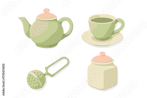 Elegant pastel green teapot, teacup with saucer, tea infuser, and sugar jar set for hot beverages on a clean white background