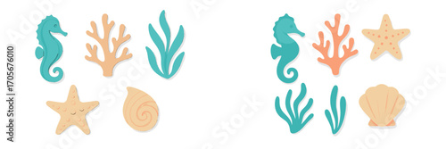 Adorable underwater marine life elements set including seahorse coral starfish seaweed and various seashells