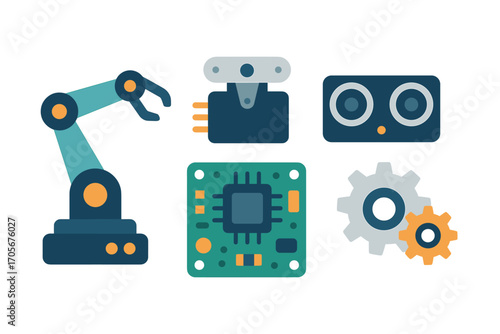 Industrial automation and advanced technology components featuring a robotic arm, microchip, and sensor devices