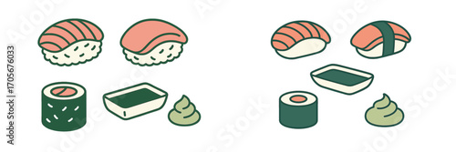 Assortment of traditional Japanese sushi pieces including nigiri, maki roll, soy sauce, and wasabi