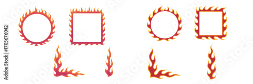 Vibrant fiery frames, borders, and decorative elements with burning flame patterns in various shapes and styles