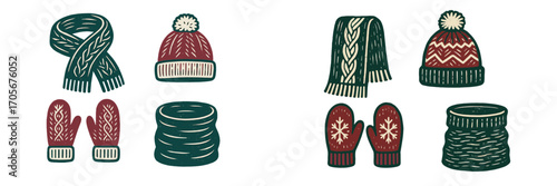 Cozy winter knitwear with warm hats, scarves, mittens, and neck warmers in a rustic design for cold weather